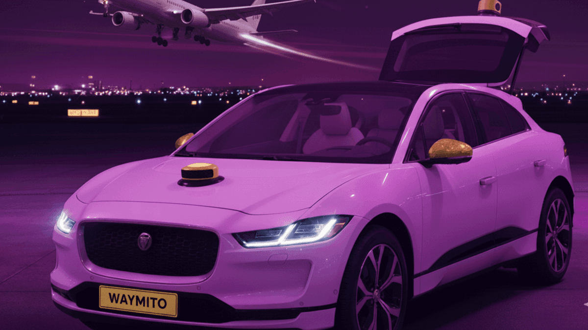 Autonomous vehicle illuminated at night in a cityscape